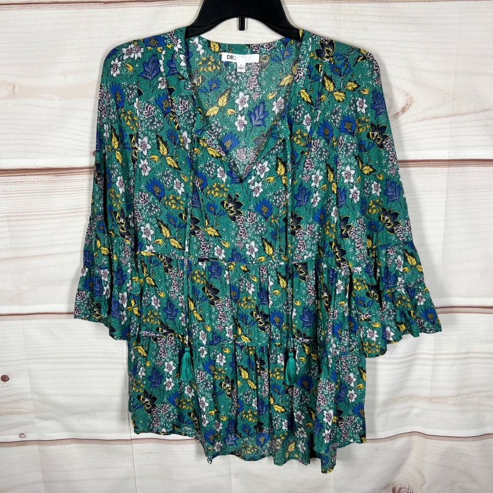 DR2 Floral Blouse Womens Small Green Floral V-Neck Tassels Tunic Tiered Peplum